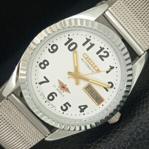 Vintage 1973 Citizen Automatic Mens Silver Watch W/daydate & White accents